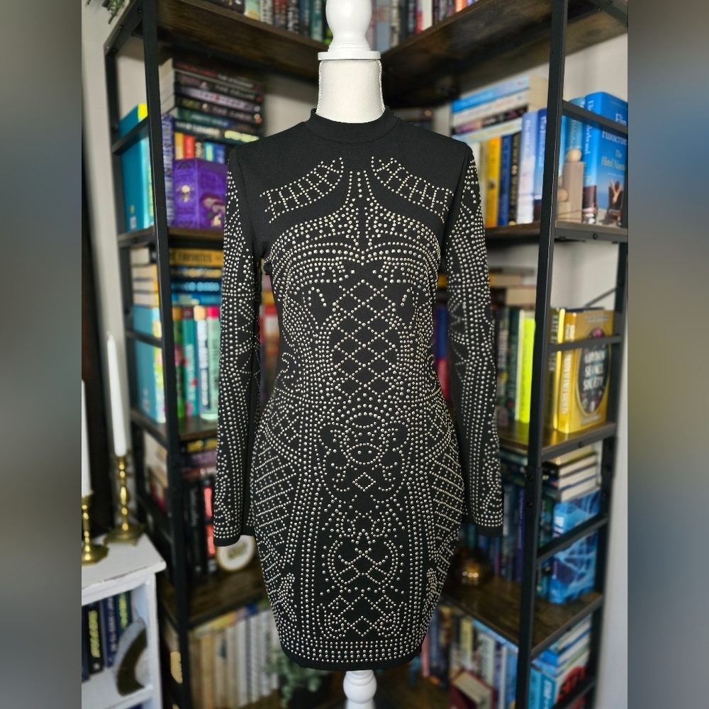 Windsor Black Long Sleeve Geometric Studded Dress